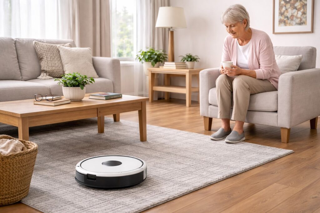 Senior watching a robot vacuum do a test clean in a living room