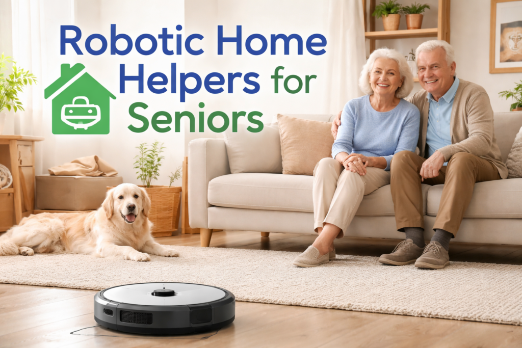 Robotic vacuum cleaning a living room while a senior couple relaxes at home