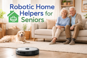 Robotic vacuum cleaning a living room while a senior couple relaxes at home