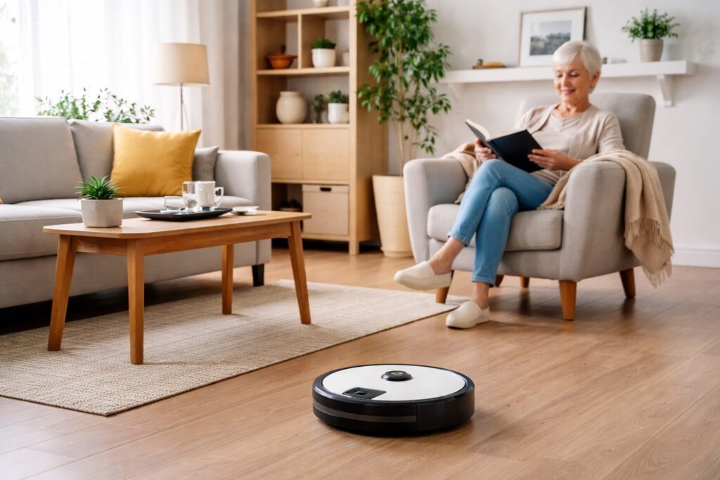 Robotic vacuum cleaning a living room floor in a senior-friendly home setting
