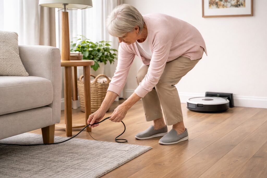 Senior clearing a power cord to prepare for a robot vacuum run