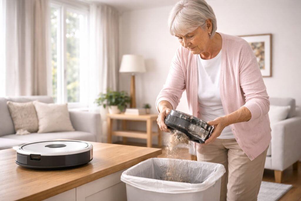 Senior emptying a robot vacuum dustbin into a trash can