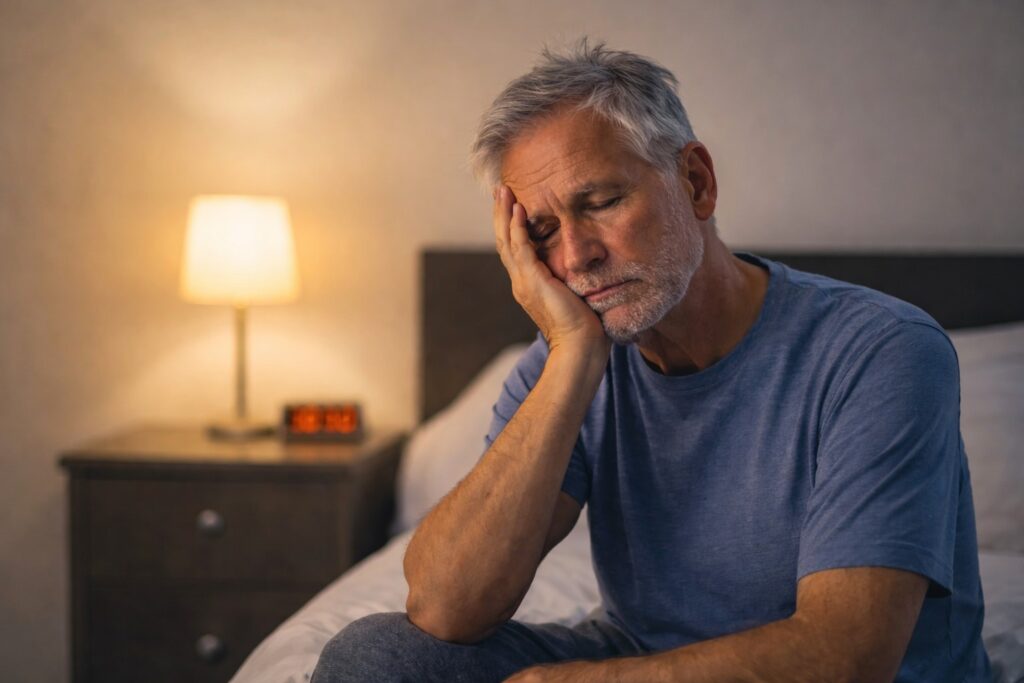 Senior man sitting on bed at night looking tired but awake