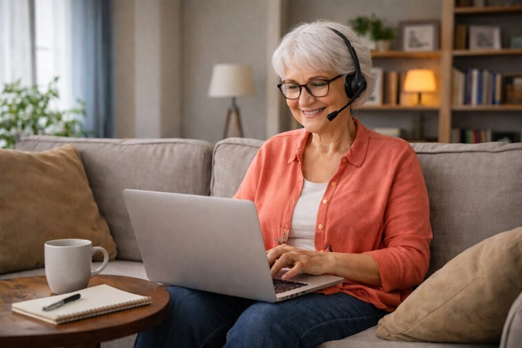 Companies That Hire Seniors for Remote Work 2 Senior woman working from home on a laptop in a comfortable living room