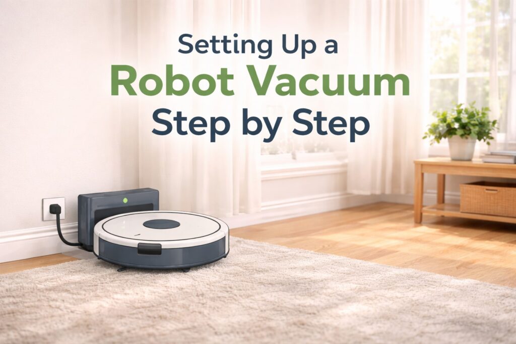 Robot vacuum resting on its dock in a bright living room with step-by-step setup title