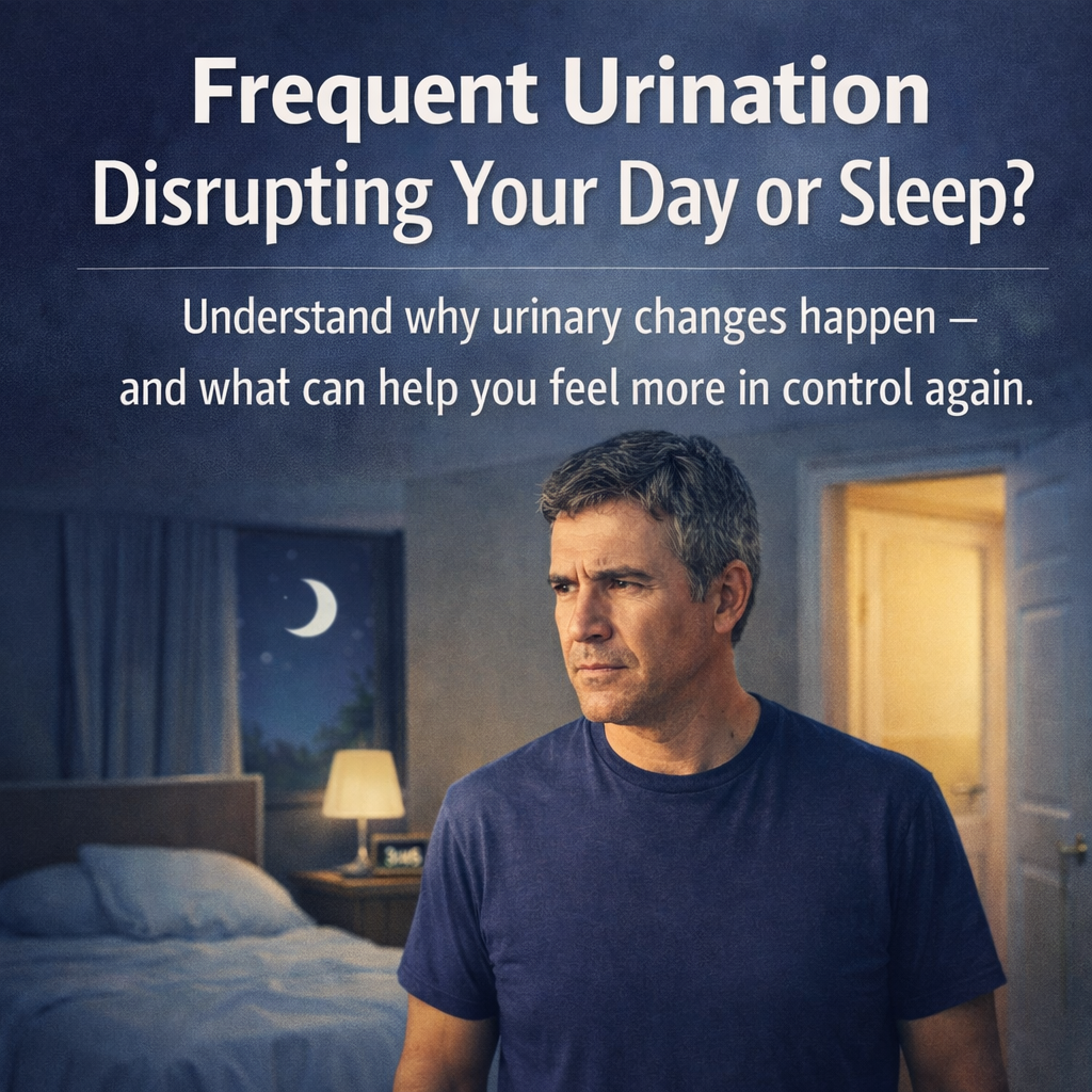 Man experiencing nighttime urinary disruption, representing common bladder changes that affect sleep and daily comfort.