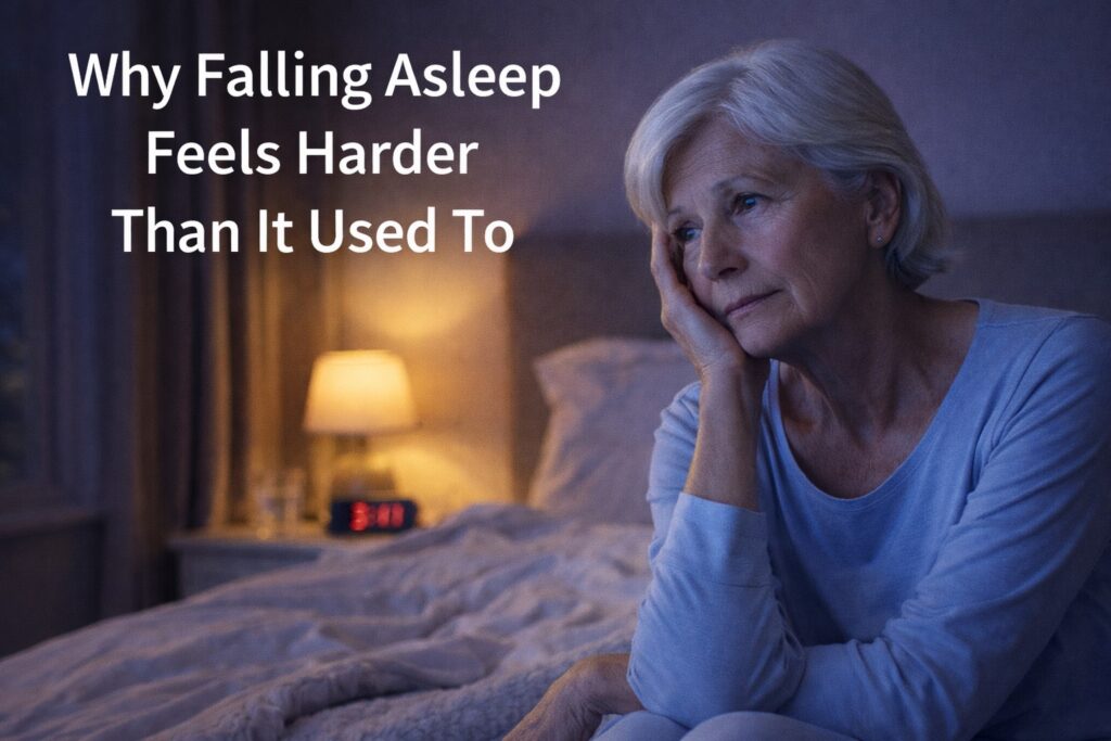 Senior woman sitting on bed at night, awake and thoughtful, with bedside lamp on