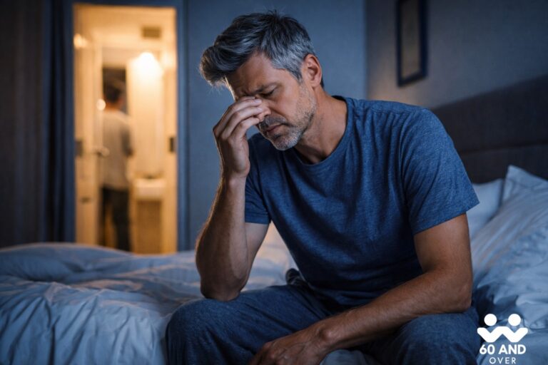 Man sitting on his bed at night looking tired while a bathroom light glows in the background, representing how frequent urination can disrupt sleep.