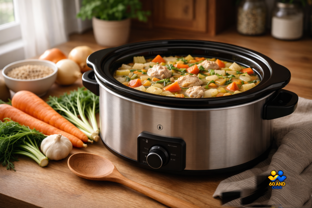 Slow cooker meal with vegetables and chicken in a cozy kitchen, featured image for budget-friendly Crock Pot meals for seniors