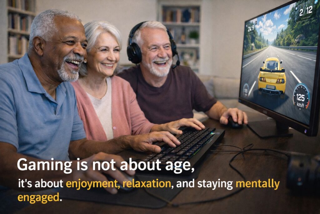 Seniors Enjoying PC Gaming – Racing Game on Desktop Computer