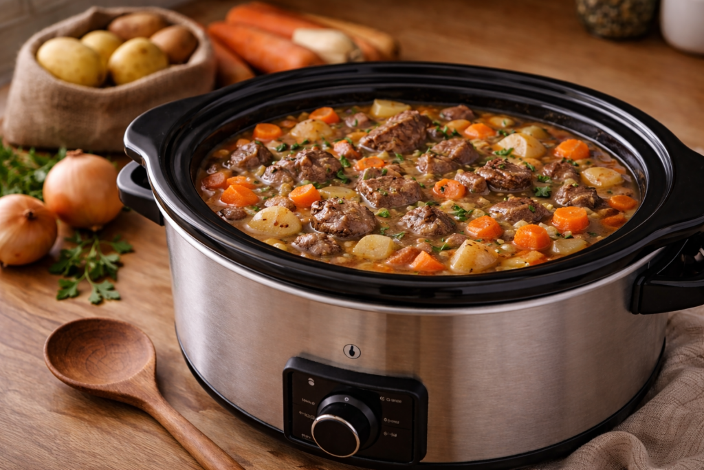 Budget-Friendly Crock Pot Meals for Seniors 6 Slow cooker beef stew with carrots, potatoes, and root vegetables in a rustic kitchen setting