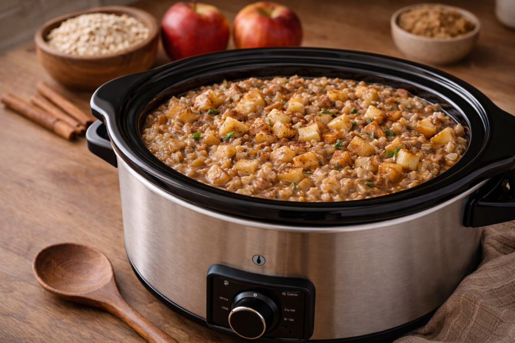 Budget-Friendly Crock Pot Meals for Seniors 8 Slow cooker apple cinnamon oatmeal topped with diced apples and cinnamon in a cozy kitchen setting