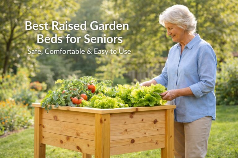 Senior woman harvesting vegetables from a tall raised garden bed comfortably in her backyard