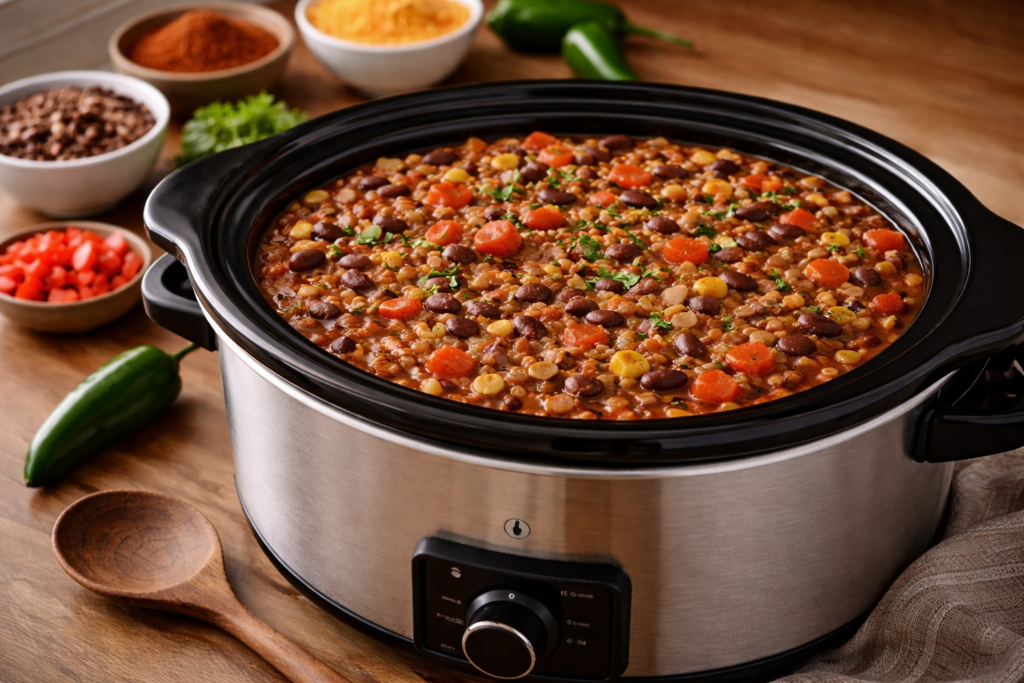Budget-Friendly Crock Pot Meals for Seniors 7 Stainless steel slow cooker filled with lentil chili made with beans, tomatoes, and vegetables