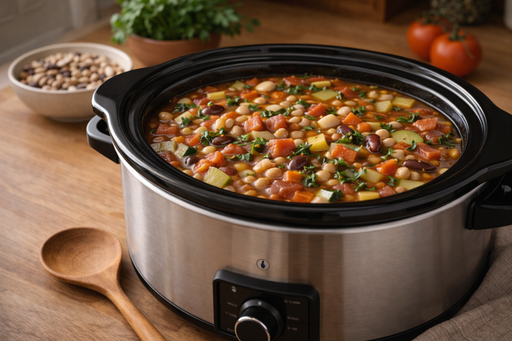Budget-Friendly Crock Pot Meals for Seniors 4 Slow cooker filled with vegetable and bean soup made with carrots, tomatoes, beans, and herbs in a home kitchen