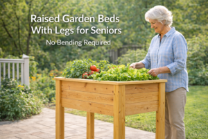 Senior woman gardening comfortably in a waist-high raised garden bed with legs on a patio