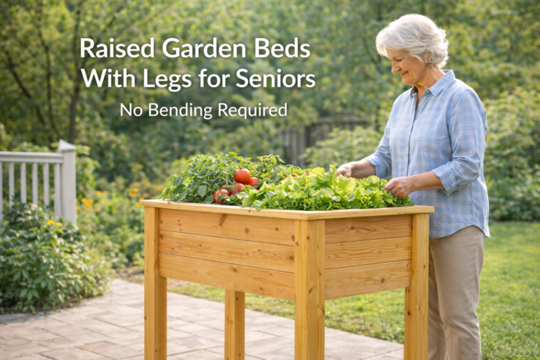 Senior woman gardening comfortably in a waist-high raised garden bed with legs on a patio