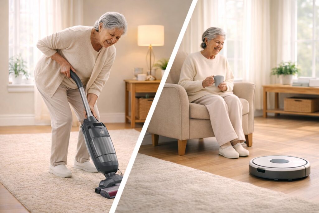 Senior with arthritis struggling with a traditional vacuum compared to relaxed robot vacuum cleaning support