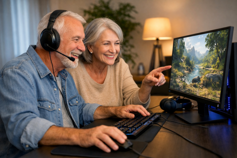 Senior couple enjoying a quiet gaming PC setup designed for comfort and smooth performance