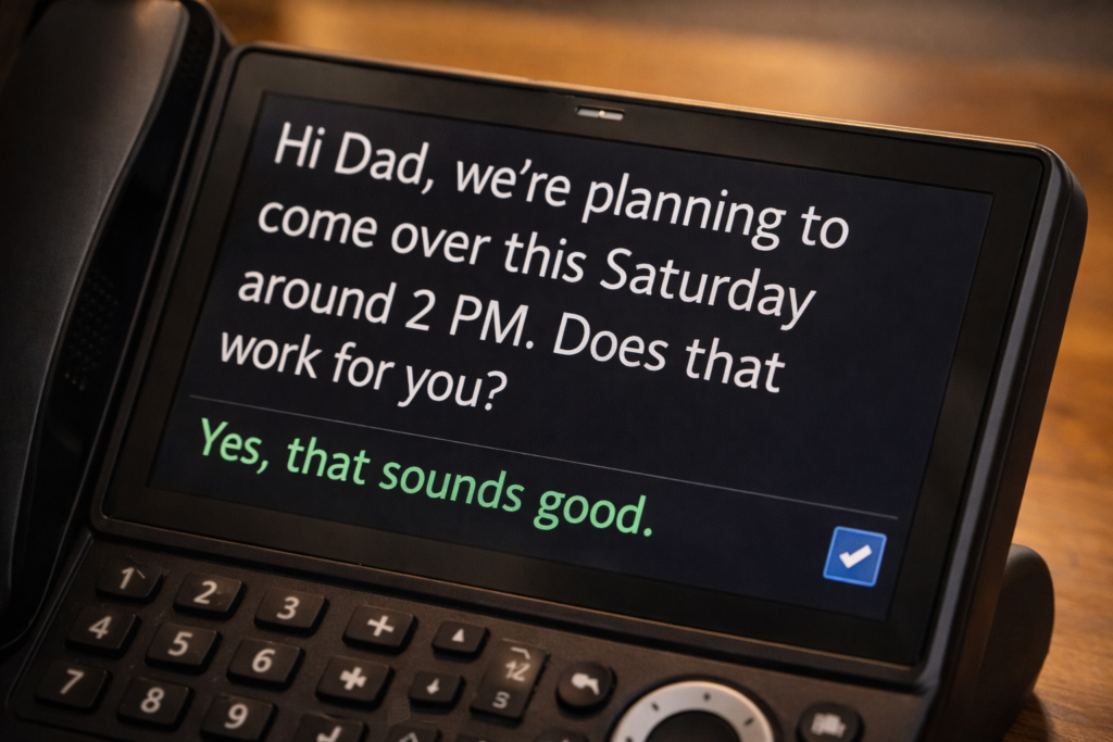 Captioned Telephones Explained for Seniors 4 Close-up of a captioned telephone screen displaying large, readable live call captions