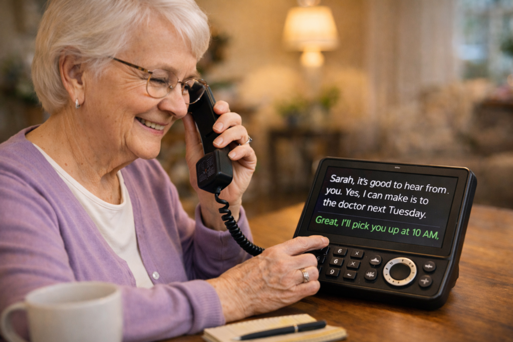 Captioned Telephones Explained for Seniors 3 Senior woman using a captioned telephone with large on-screen text display at home