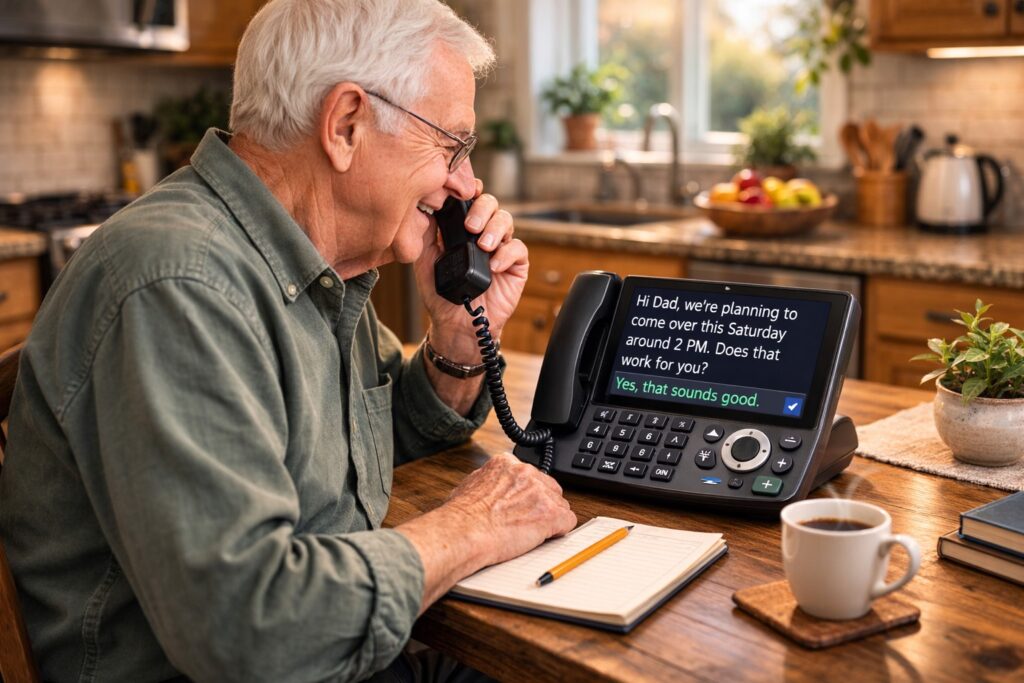 Captioned Telephones Explained for Seniors 2 Senior using a captioned telephone with large screen displaying live call captions at home