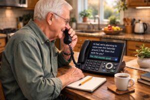 Senior using a captioned telephone with large screen displaying live call captions at home