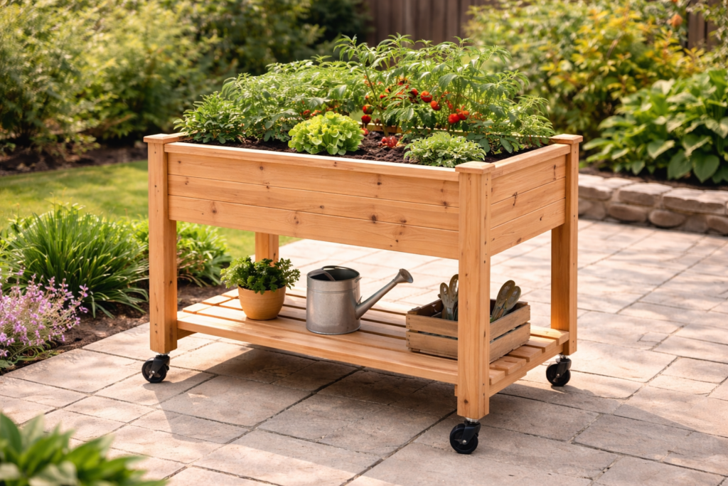 Best Raised Garden Beds for Seniors (Safe, Comfortable & Easy to Use) 18 Compact raised garden bed with wheels on a sunny patio, filled with vegetables and designed for easy movement and comfortable gardening.