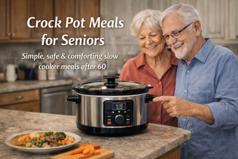 Seniors preparing easy crock pot meals together in a home kitchen using a slow cooker
