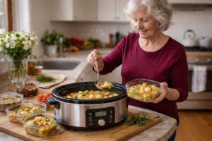 Senior woman preparing a simple crock pot meal alone in a home kitchen