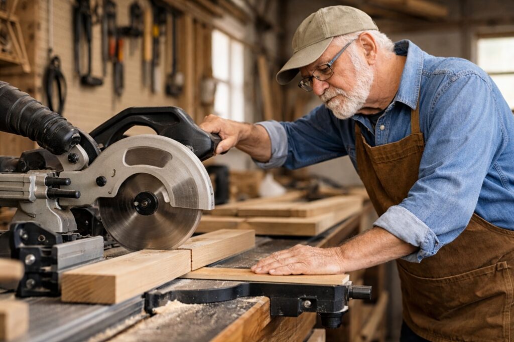 Older adult woodworker using a controlled cutting method at a miter saw