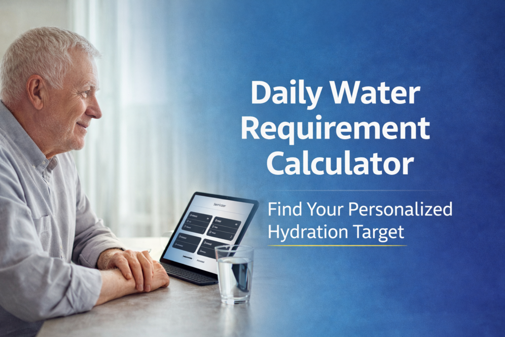 Senior man using a tablet to calculate his daily water requirement with a glass of water beside him