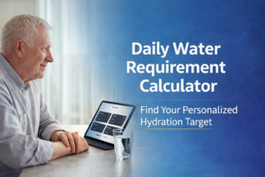 Senior man using a tablet to calculate his daily water requirement with a glass of water beside him