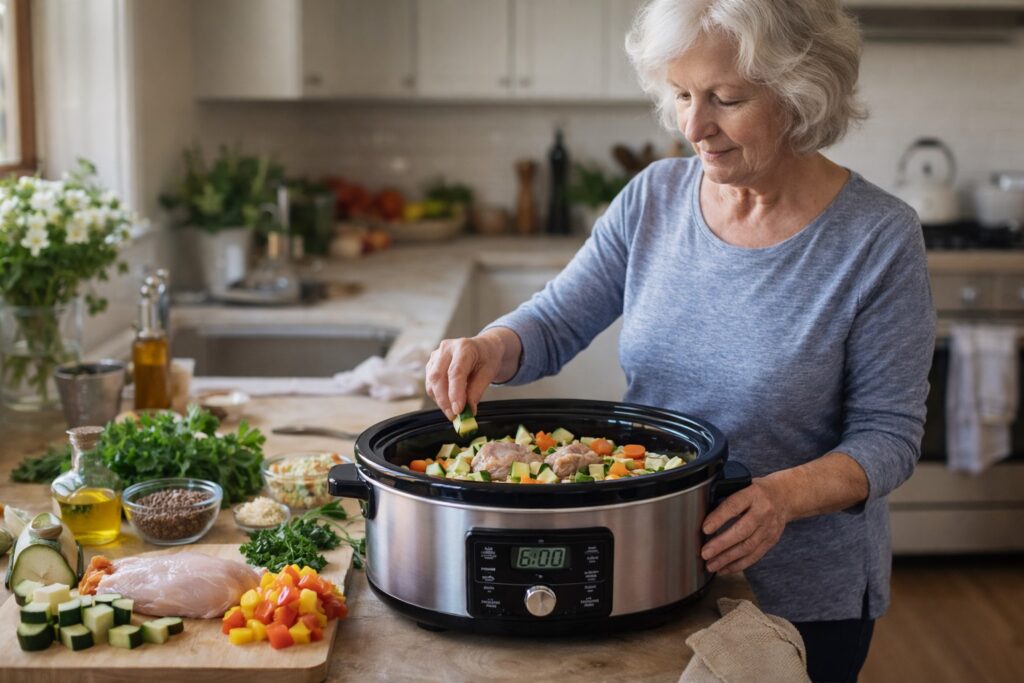 Senior preparing diabetic-friendly slow cooker meal with fresh vegetables and lean protein in home kitchen