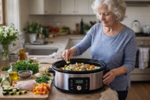 California Senior Communities 14 Senior preparing diabetic-friendly slow cooker meal with fresh vegetables and lean protein in home kitchen