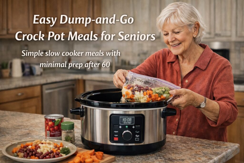 Senior woman preparing an easy dump-and-go crock pot meal using a slow cooker in a home kitchen