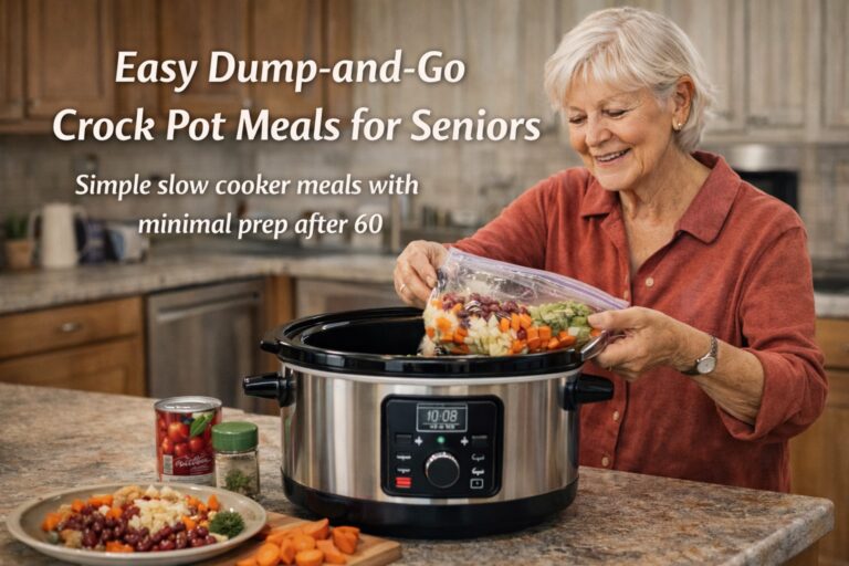 Senior woman preparing an easy dump-and-go crock pot meal using a slow cooker in a home kitchen