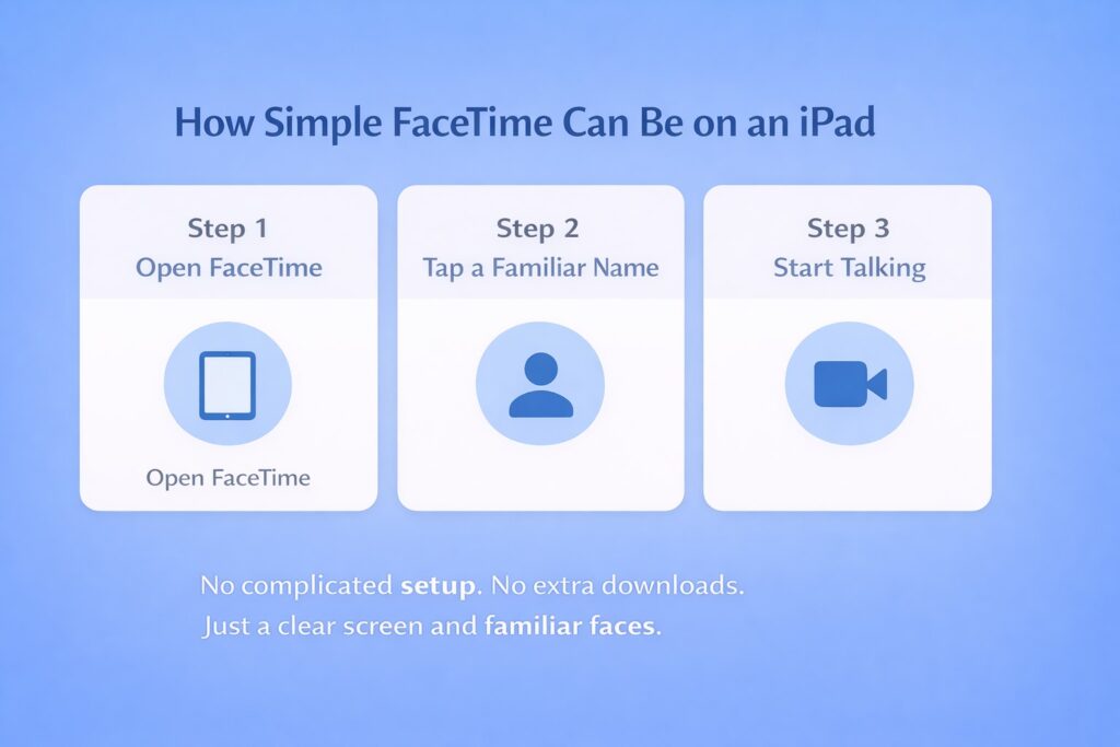 The Simplest Way for Seniors to Make Video Calls 9 Three step visual guide showing how seniors can use FaceTime on an iPad by opening the app, tapping a familiar contact, and starting a video call