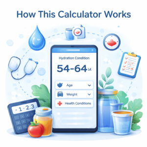 Illustration showing how a hydration calculator works using weight, age, and health inputs
