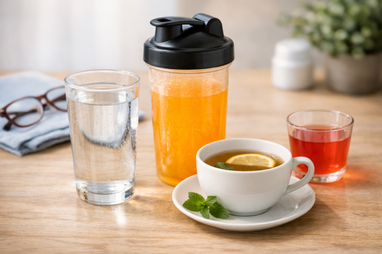 Glass of water, low-sugar electrolyte drink, herbal tea with lemon, and fruit juice on a wooden table