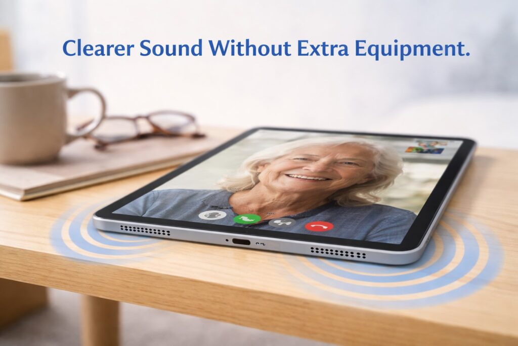 The Simplest Way for Seniors to Make Video Calls 8 Close-up of an iPad on a table during a video call, highlighting built-in speakers and clear audio without extra equipment