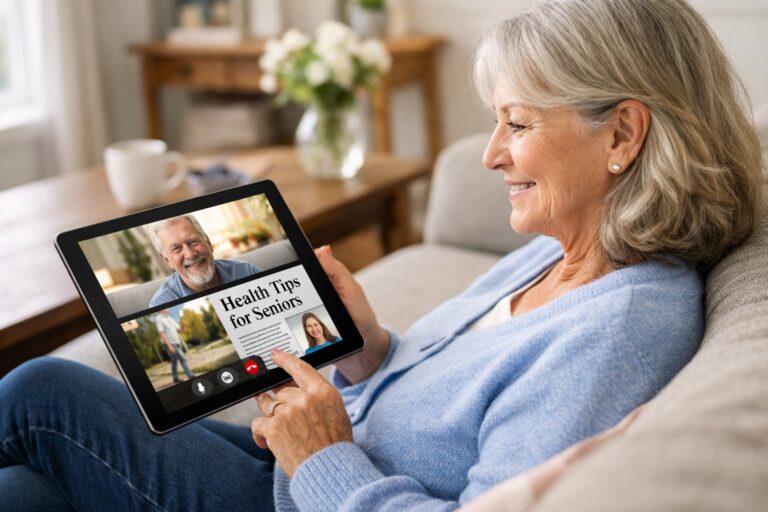 Older adult using a large screen tablet for video call and reading