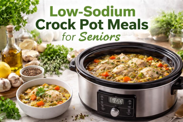Low-sodium crock pot meal prepared in a slow cooker with fresh vegetables in a home kitchen for seniors