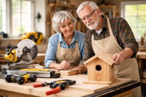 Pennsylvania Senior Communities 3 Older adult woodworkers using controlled tools and stable setups at a workshop bench