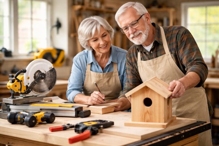 Older adult woodworkers using controlled tools and stable setups at a workshop bench