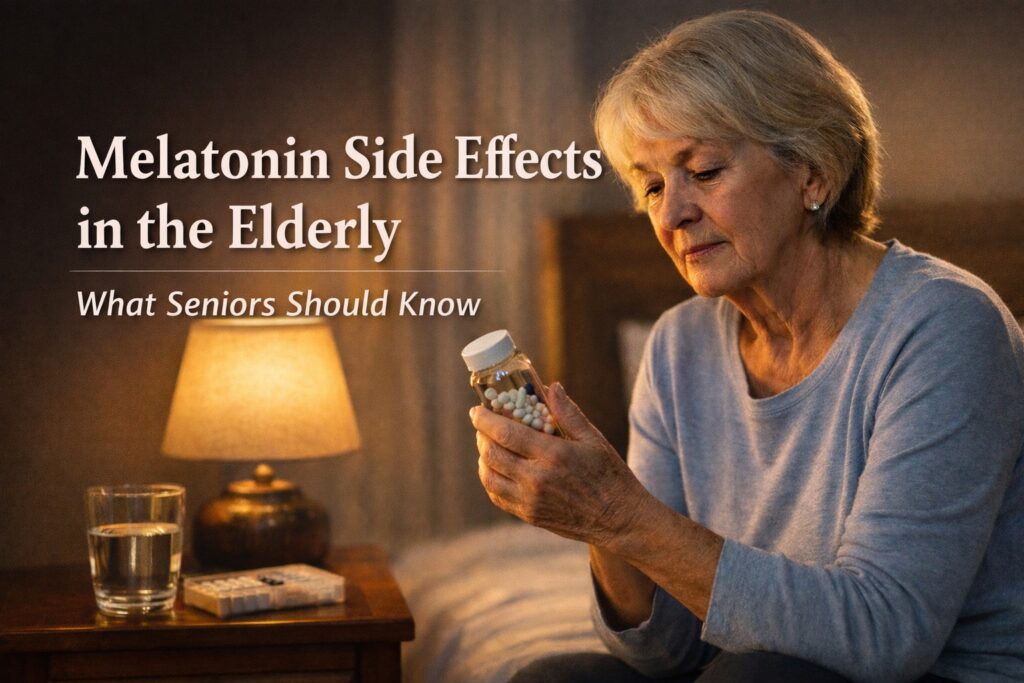 Elderly woman sitting on bed at night holding melatonin supplement bottle with bedside lamp and glass of water nearby