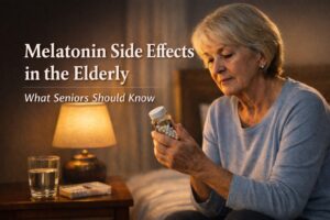 Elderly woman sitting on bed at night holding melatonin supplement bottle with bedside lamp and glass of water nearby