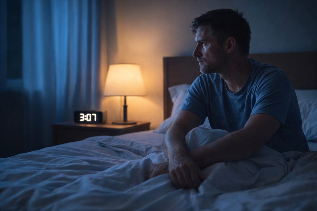 Man awake in bed at 3:07 a.m. illustrating difficulty staying asleep through the night