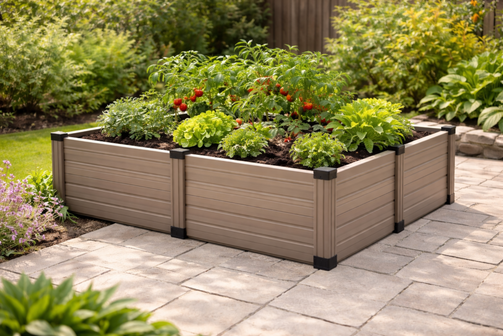 Best Raised Garden Beds for Seniors (Safe, Comfortable & Easy to Use) 12 Modular resin raised garden bed filled with vegetables in a sunny backyard, featuring durable panels and corner brackets for flexible garden layouts.