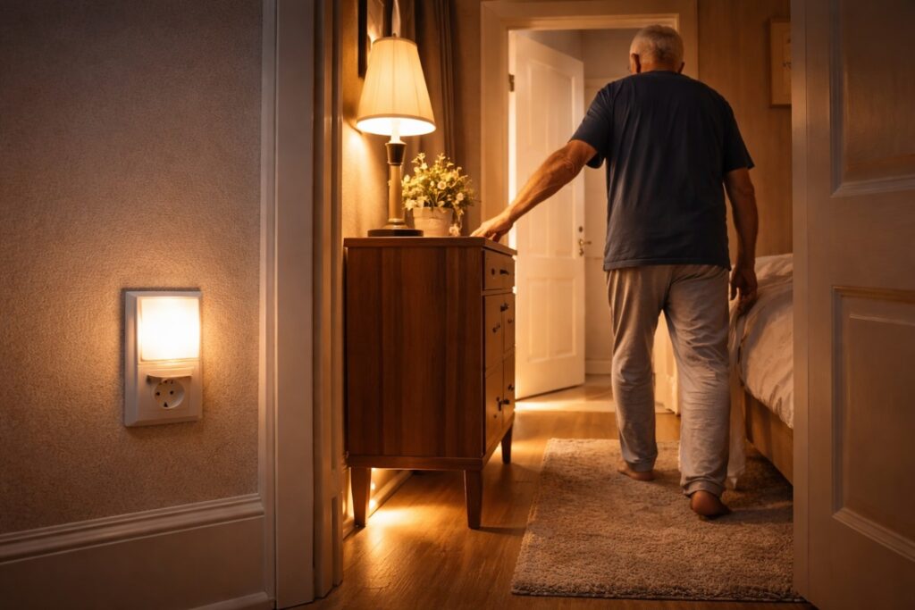 Best Bedside Lighting for Seniors 6 Motion-activated nightlight glowing beside a bed to improve nighttime safety for seniors